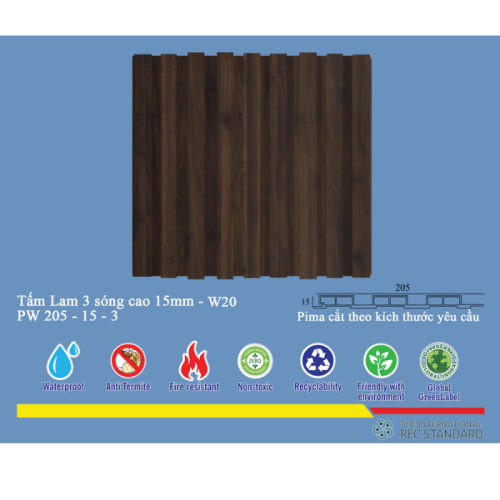  Tấm lam 3 sóng pima 15 phủ vân gỗ W20 (3600)