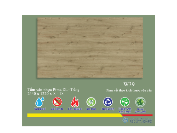 Tấm Pima DL 8mm phủ vân gỗ W39 (PE) - 1 mặt