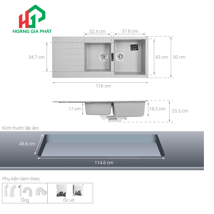 Chậu Rửa Đá Hafele bàn chờ 2 hộc 570.35.570