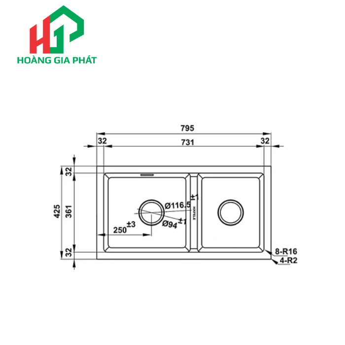 Chậu đôi đá Hafele màu đen 577.25.310