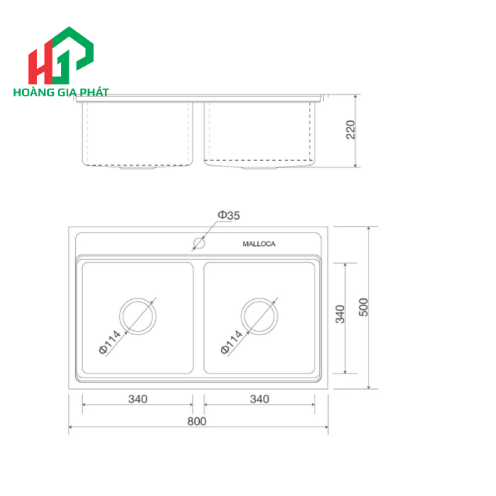 Chậu rửa chén 2 hố MALLOCA MS 8812