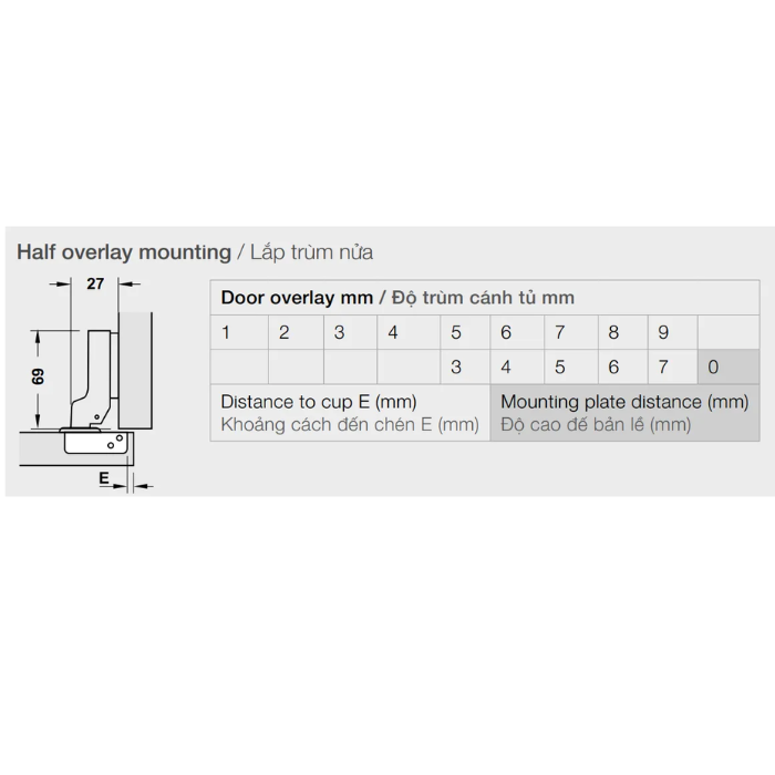 Bản lề Hafele giảm chấn - Lắp trùm nửa 315.11.751