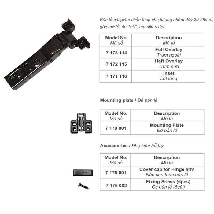 Bản lề trùm ngoài khung nhôm 100 độ Imundex 7173114