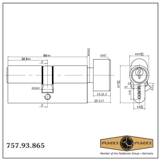 Ruột khóa 1 đầu chìa và 1 đầu vặn ovan Imundex 757.93.865