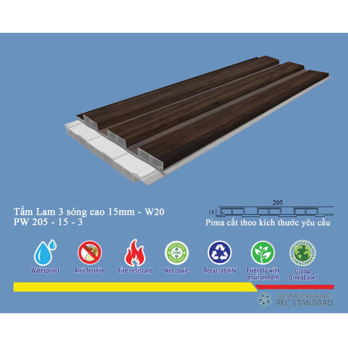Tấm lam 3 sóng pima 15 phủ vân gỗ W20 (3600)