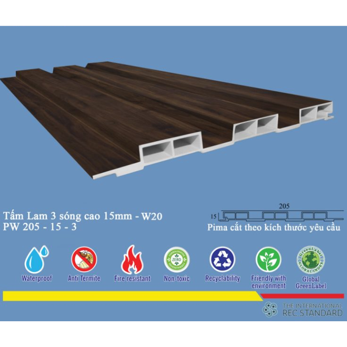 Tấm lam 3 sóng pima 15 phủ vân gỗ W20 (3600)