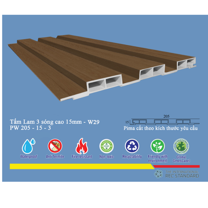 Tấm lam 3 sóng pima 15 phủ vân gỗ W29