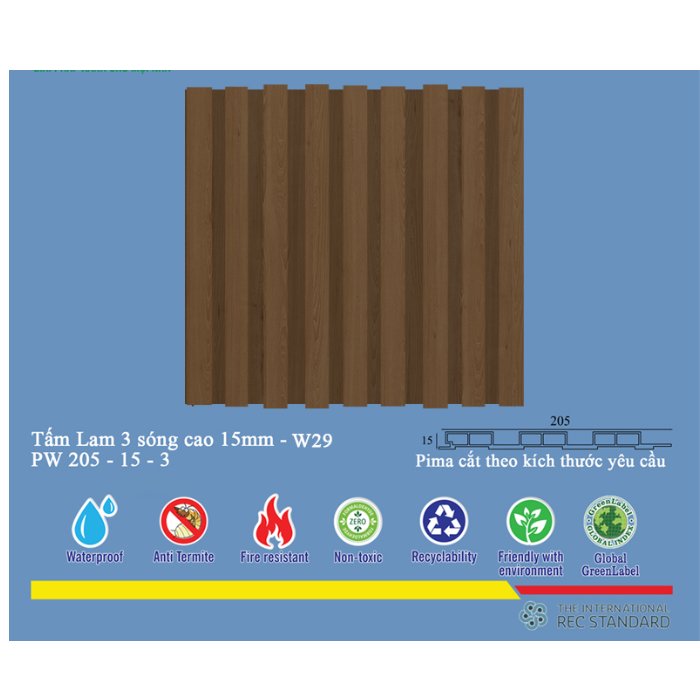 Tấm lam 3 sóng pima 15 phủ vân gỗ W29