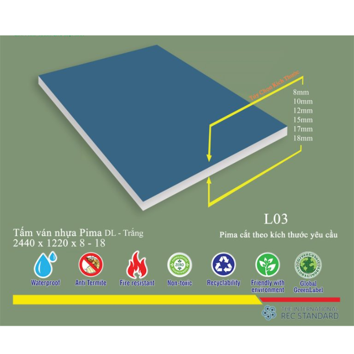 Tấm Pima DL 08mm phủ vân gỗ L03 (PE) - 1 mặt