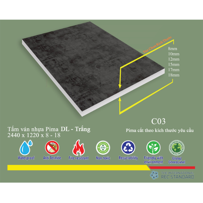 Tấm pima DL 17mm phủ vân C03 (PE) - 2 mặt