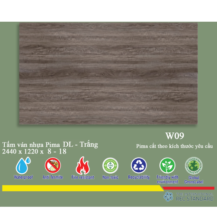Tấm Pima DL 17mm phủ vân gỗ W09 (PE) - 2 mặt