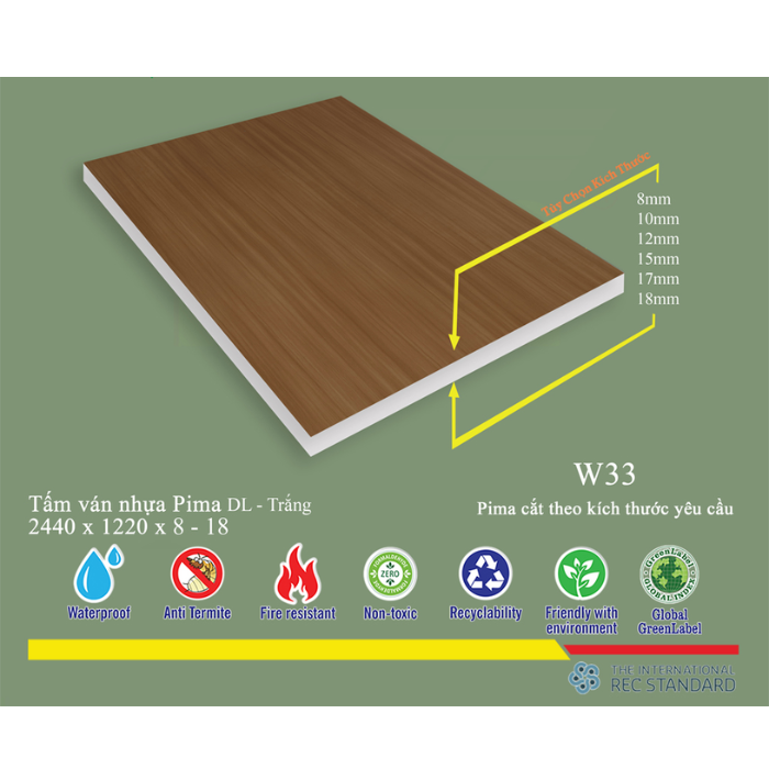 Tấm Pima DL 17mm phủ vân gỗ W33 (PE) - 2 mặt
