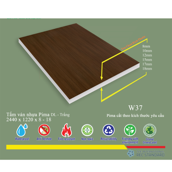 Tấm PIMA DL 17MM PHỦ VÂN GỖ W37 (PE) - 2 MẶT