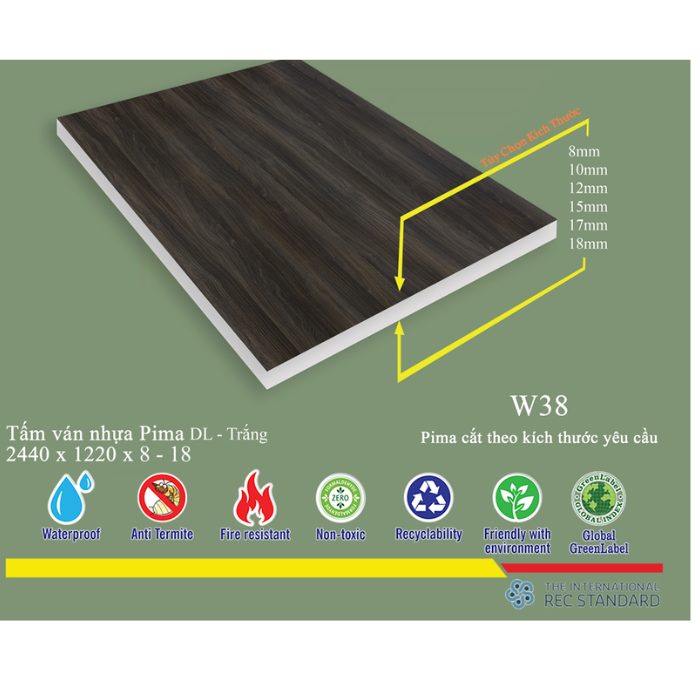  Tấm Pima DL 17mm phủ vân gỗ W38 (PE) - 2 mặt