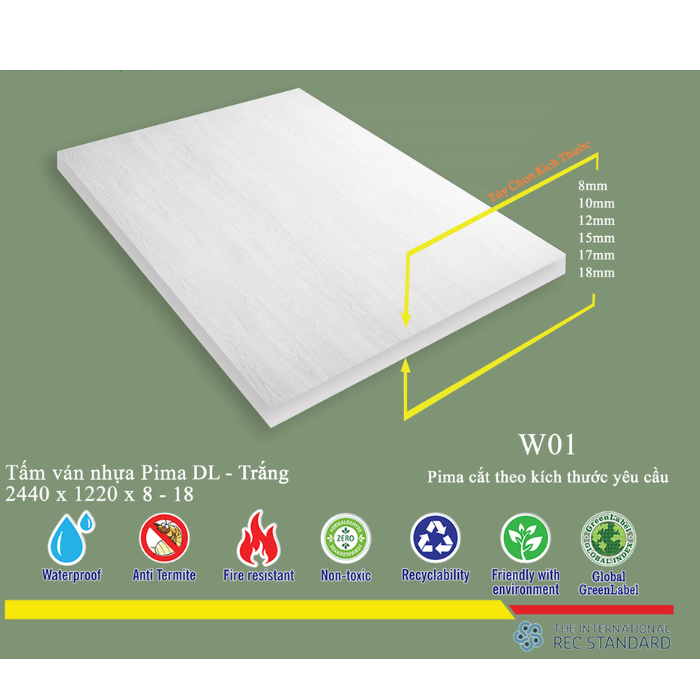 Tấm Pima DL 8mm phủ vân gỗ W01 - 1 mặt