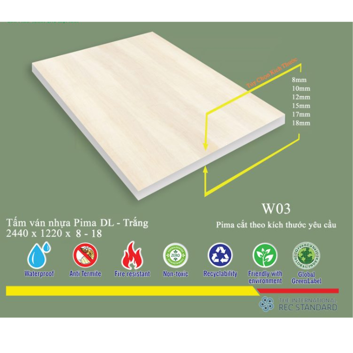 Tấm Pima DL 8mm phủ vân gỗ W03 - 1 mặt