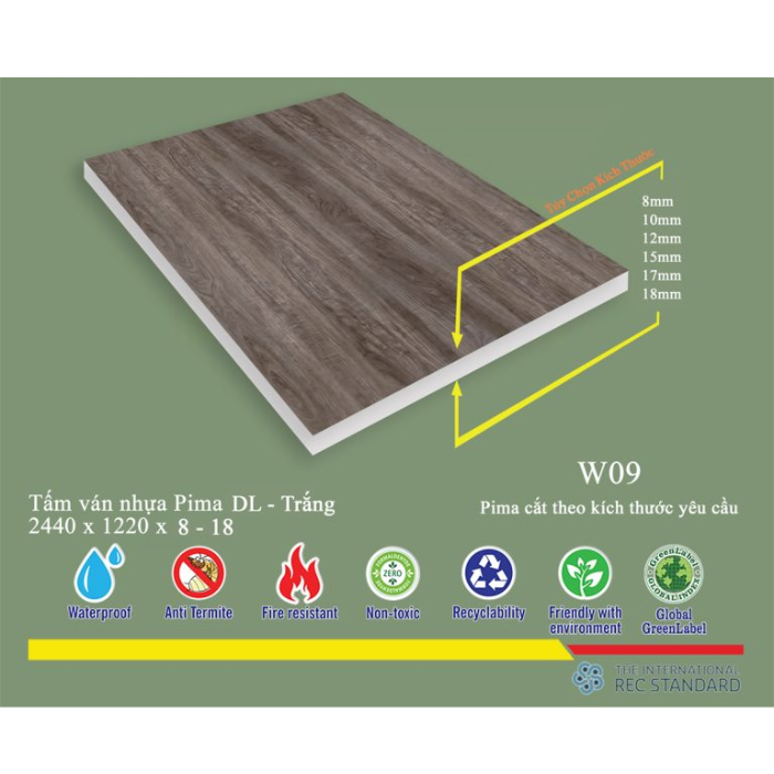 Tấm Pima DL 8mm phủ vân gỗ W09 - 1 mặt