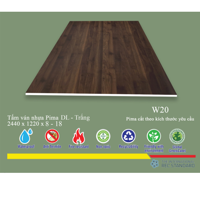 Tấm Pima DL 8mm phủ vân gỗ W20 (PE) - 1 mặt