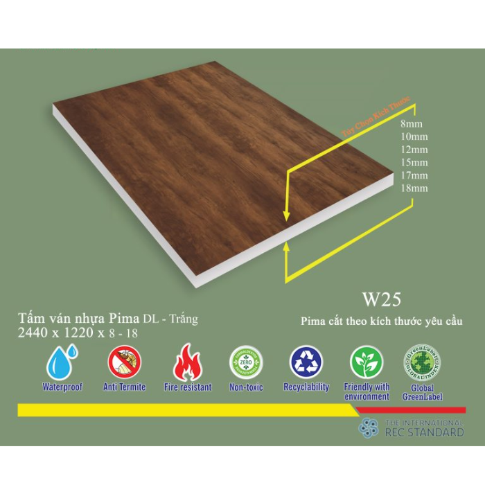 Tấm Pima DL 8mm phủ vân gỗ W25 - 1 mặt