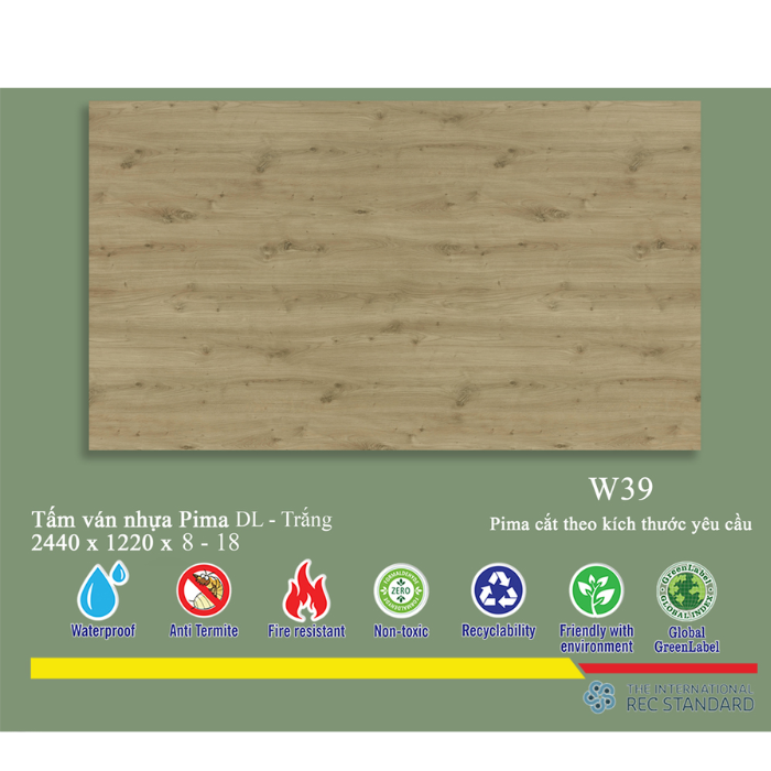 Tấm Pima DL 8mm phủ vân gỗ W39 (PE) - 1 mặt