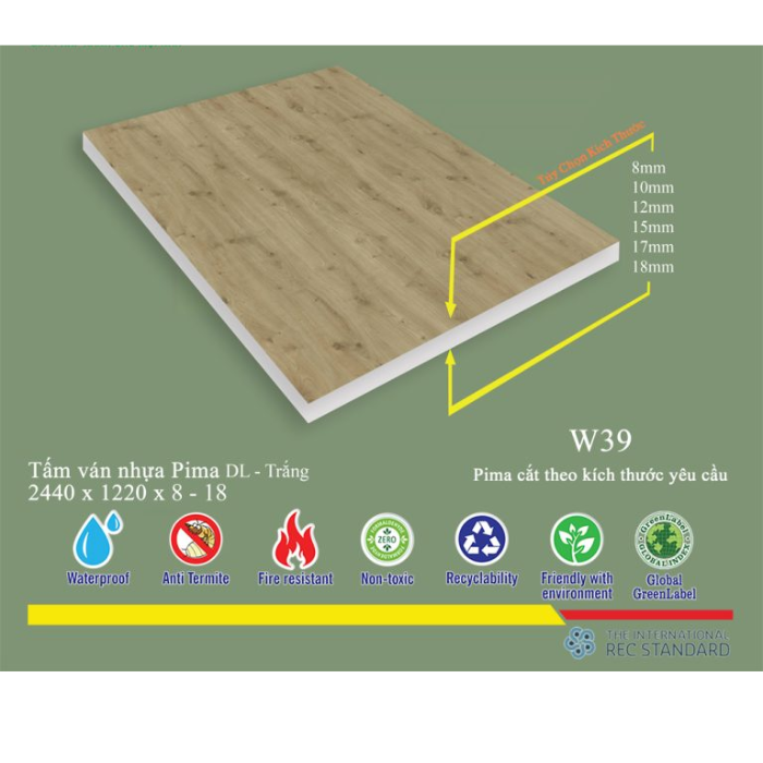 Tấm Pima DL 8mm phủ vân gỗ W39 (PE) - 1 mặt