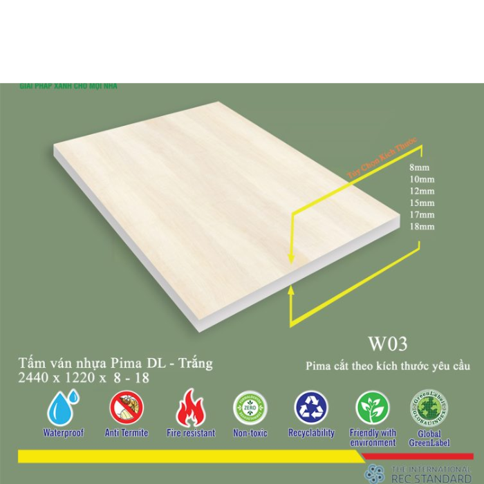 Tấm Ván Nhựa PIMA DL Trắng W03- 2 MẶT 17mm