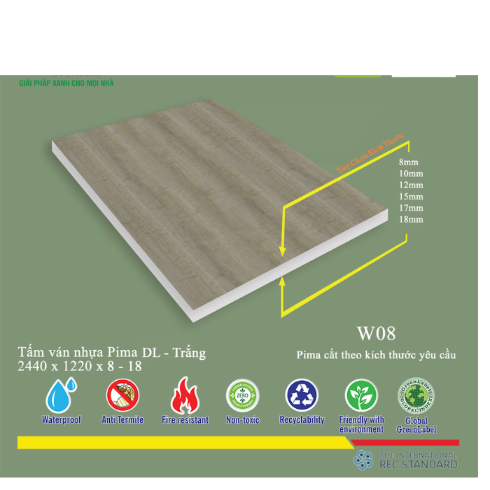 Tấm Ván Nhựa PIMA DL Trắng-W08- 8mm-1 MẶT